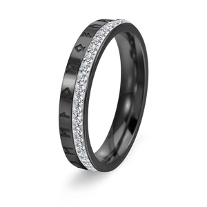 Nordic Runic band ring with sparkling cubic zirconia set in black plated stainless steel