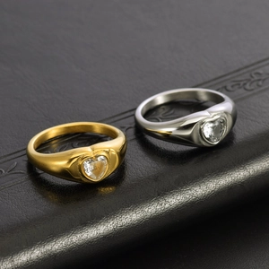 Minimalist stainless steel heart rings with sparkling zircon in gold and silver finish