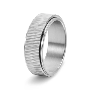 Men's silver spinning anxiety ring with diagonal grooves and textured rotatable band
