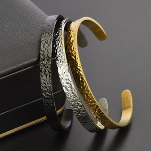Hammered texture C-shaped open cuff bracelets in gold, silver, and black stainless steel