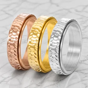 Titanium Steel Spinner Ring For Men Women Hand Hammered Honeycomb Texture Rotatable Anxiety Stress Relief Band Ring Jewelry