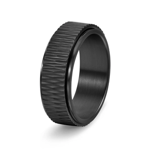 Men's rotatable black titanium steel ring with embossed diagonal geometric texture