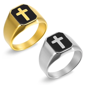 Vintage punk stainless steel cross rings in gold and silver with black enamel finish
