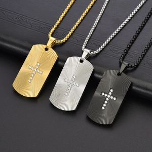 Herren Titanstahl-Erkennungsmarke Halskette mit Kristallkreuz in Gold, Silber und Schwarz