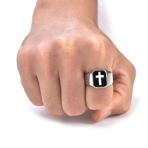 Retro punk stainless steel ring for men with black cross design on an octagonal face