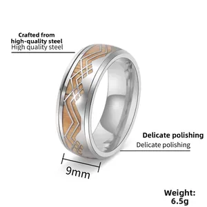 Detailansicht eines 9mm Titanstahlrings mit geometrischer Holzmaserung und 6,5g Gewicht