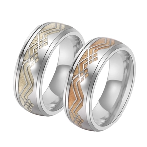Vintage Edelstahl Ring Für Herren Whiskey Fass Holz Einlage Geometrisches Mäandermuster Band Mode Schmuck Fingerring