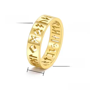 Detailed view of 6mm gold plated stainless steel ring with Viking rune cutouts