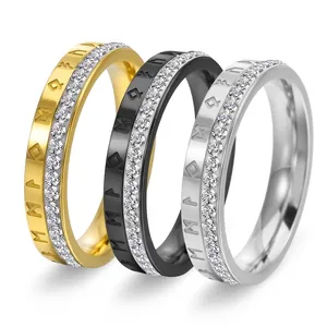 Nordic Viking Rune Stainless Steel Rhinestone Ring For Women 18K Gold Plated Band Engagement Wedding Fashion Jewelry Gift