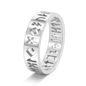 Minimalist silver stainless steel Viking rune ring with hollowed Nordic design