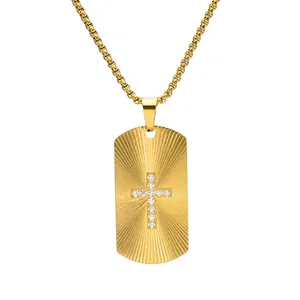 Titanstahl Kreuz Dog Tag Anhänger Halskette Für Herren Strahlende Textur Strass Eingelegt Hip Hop Mode Schmuck Halsketten