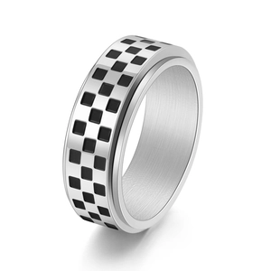 Titanium Steel Checkerboard Spinner Ring For Men Black White Racing Flag Pattern Stress Relief Rotating Band Ring Trendy Jewelry