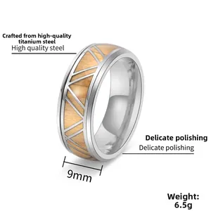 Detail shot of 9mm titanium steel men's ring with wood inlay and geometric framework