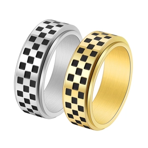 Mens stainless steel spinning ring with black and white checkerboard pattern inlay