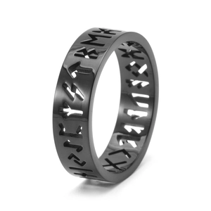Macro view of black plated titanium steel ring with镂空 Nordic Viking runes cutout design