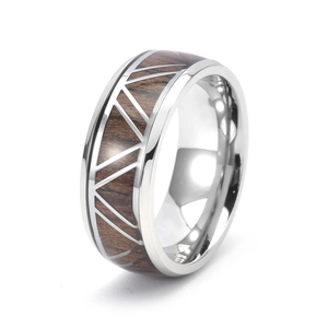 Men's titanium steel ring with whiskey barrel wood inlay and V-shaped geometric metal accent