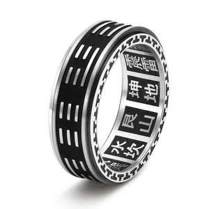 Vintage rotating Tai Chi Bagua spinner ring in stainless steel for men with yin yang motifs