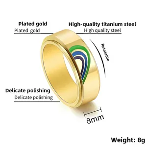 Macro detail of 8mm gold spinner ring in polished titanium steel with colorful stripes