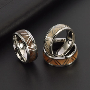 Titanium steel rings with geometric triangle patterns and wood barrel inlay for men