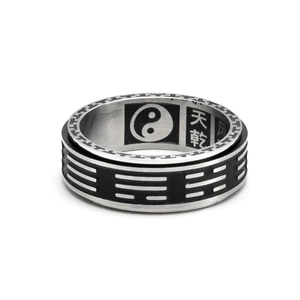 Vintage rotating Tai Chi Bagua ring in black and silver stainless steel for men
