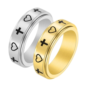 Minimalist spinning stainless steel heart and cross rings in gold and silver finish