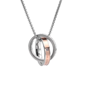 Minimalist double ring necklace in silver and rose gold with engraved eternal love text