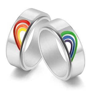 Rainbow puzzle heart couple rings set in polished stainless steel for lovers