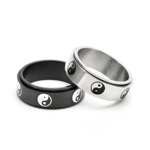 Rotating stainless steel Yin Yang rings in black and silver for men and women