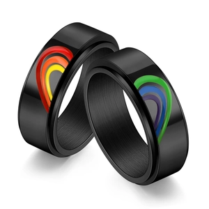 Detail showing two black spinner rings forming a rainbow heart design when placed together