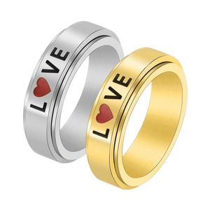 Rotating stainless steel rings with LOVE text and red heart for couples in gold and silver