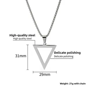 Detail view of triangular titanium steel pendant with dimensions 31x29mm and box chain