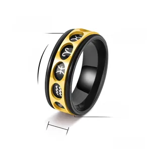 Detail view of 8mm rotatable zodiac ring showing black and gold steel width and weight