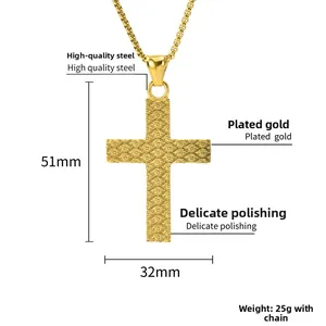 Detailed specs of the gold cross pendant necklace showing 51mm height and 32mm width