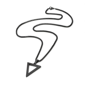 Close-up of matte black triangle pendant on a square pearl box chain for men