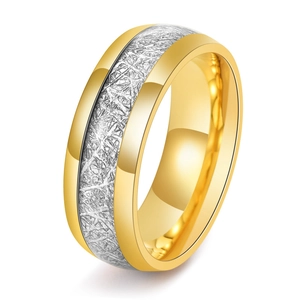 Detail of two-tone titanium ring with silver meteorite texture and gold polished edges