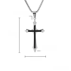 Detail view of double layer steel cross necklace with black enamel inlay and size measurements