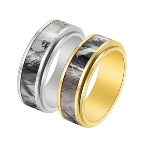Close-up of camouflage inlay and brushed metal interior on stainless steel spinner rings