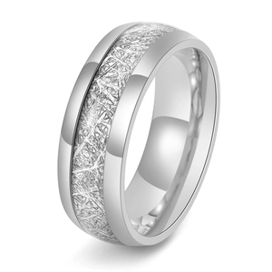 Silver stainless steel ring with brushed meteorite texture and polished beveled edges