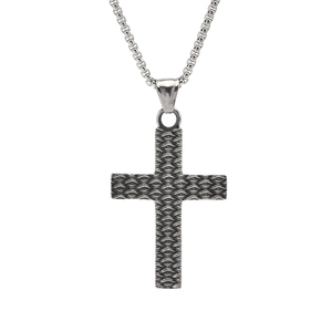 Vintage stainless steel cross necklace with evil eye texture on box chain for men