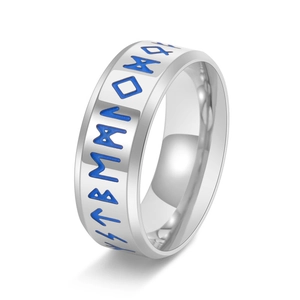 Luminous stainless steel Viking rune ring with blue engraved Nordic characters for men
