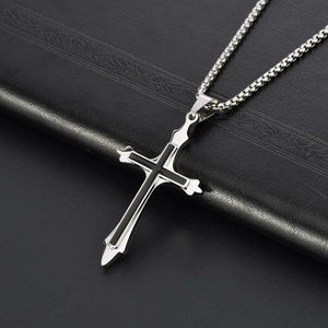 Double-layered stainless steel gothic cross pendant necklace for men with black oil details