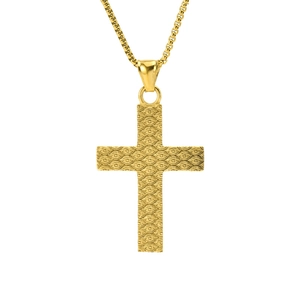 Golden titanium steel cross pendant necklace with engraved eye pattern on white background