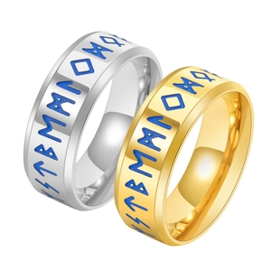 Nordic style stainless steel Viking rune rings in silver and gold with blue engravings