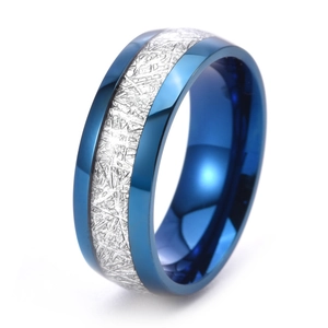 Blue plated stainless steel ring with silver meteorite inlay design for couples