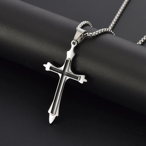 Polished stainless steel double layer cross pendant necklace with black enamel inlay