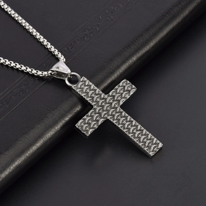 Retro stainless steel cross necklace with eye engraving and silver box chain for men