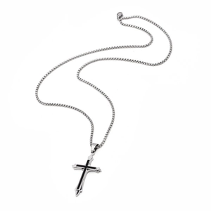 Silver stainless steel double layer cross pendant necklace with black enamel inlay