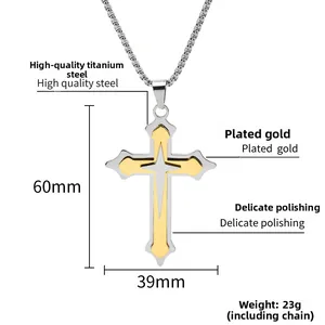 Detailed view of dual-tone stainless steel triple cross pendant with size measurements