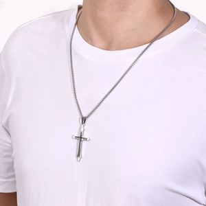 Men's double-layered stainless steel cross pendant necklace with black oil finish on a metal chain