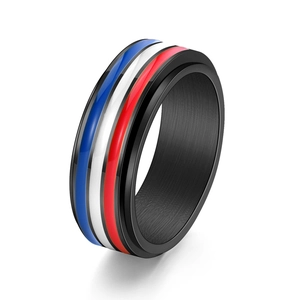Modern matte black stainless steel spinner ring with blue white red stripes